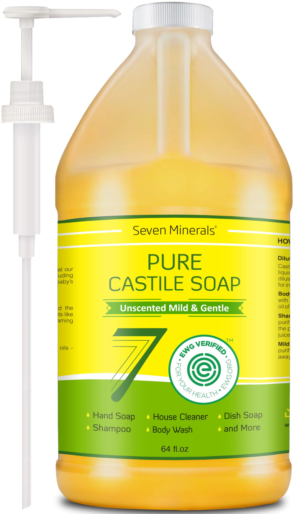 Seven Minerals Pure Castile Soap bottle showcases unscented, versatile cleansing for skin and home