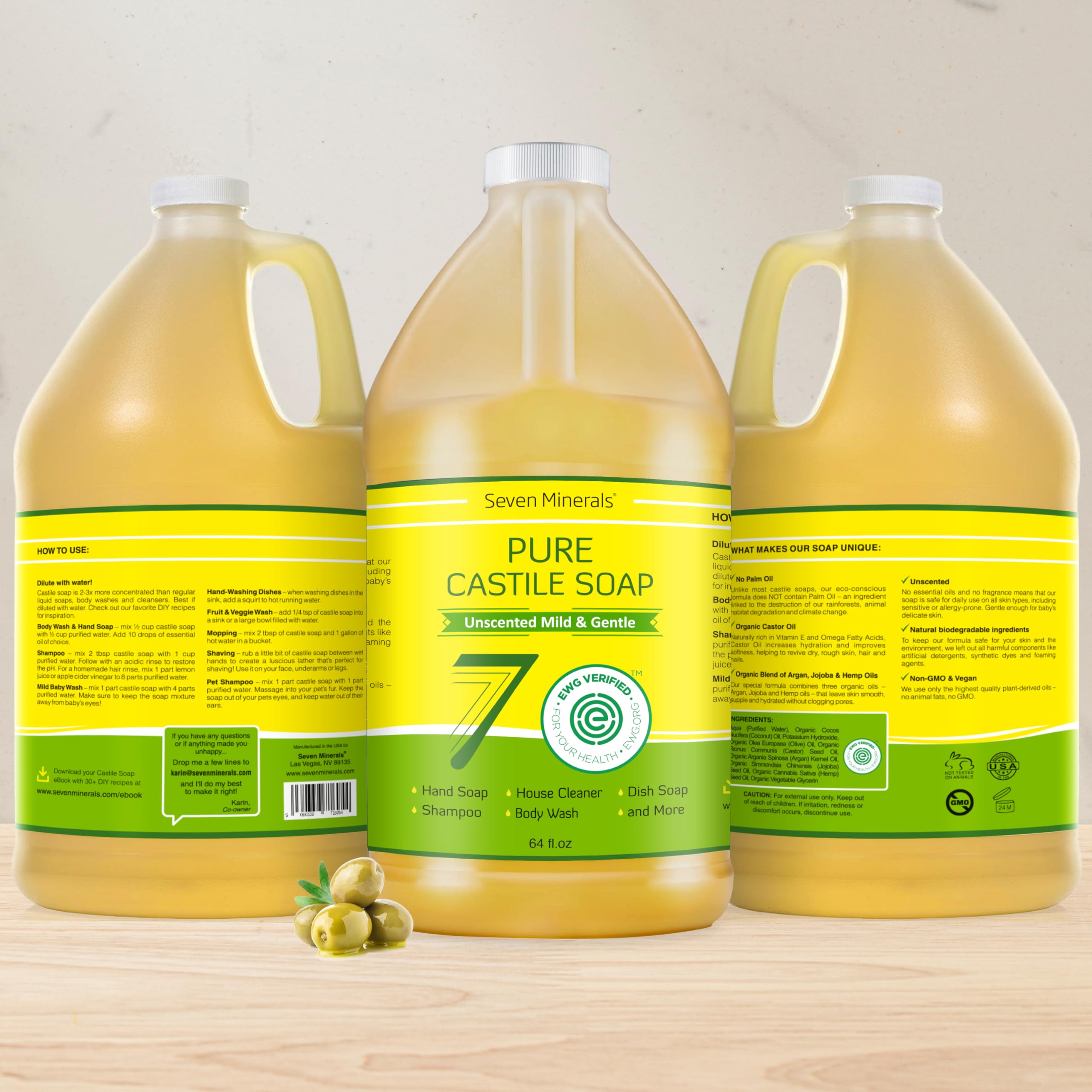 Seven Minerals Pure Castile Soap label highlights unscented formula and eco-friendly palm oil-free promise