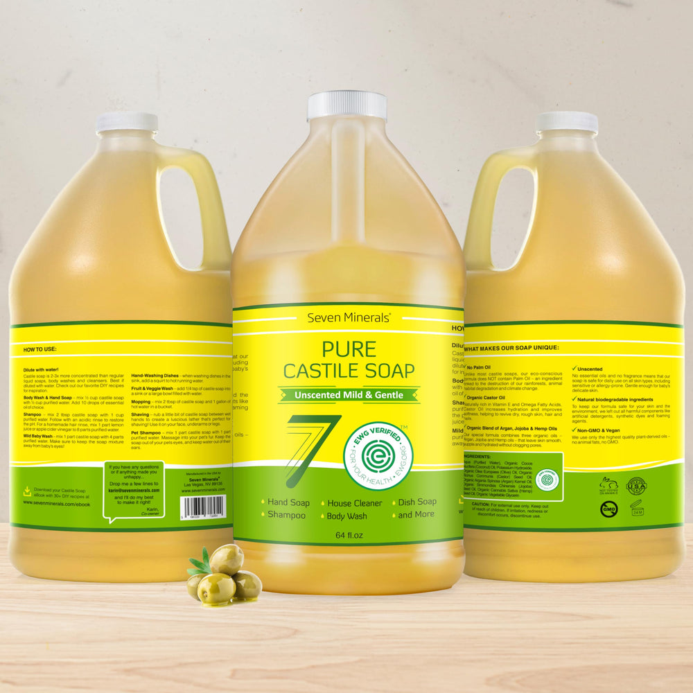 Seven Minerals Pure Castile Soap label highlights unscented formula and eco-friendly palm oil-free promise