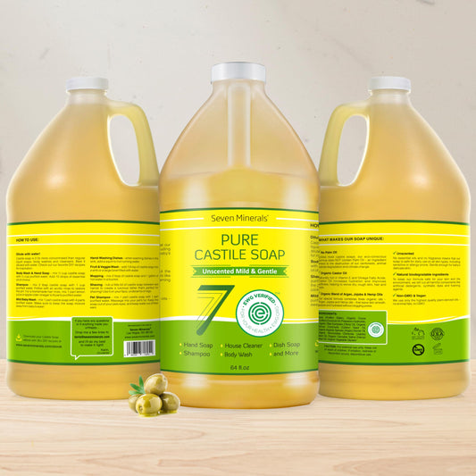 Seven Minerals Pure Castile Soap label highlights unscented formula and eco-friendly palm oil-free promise