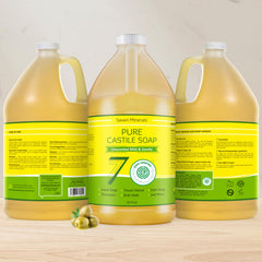 Seven Minerals Pure Castile Soap label highlights unscented formula and eco-friendly palm oil-free promise