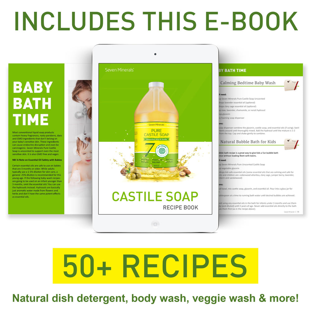Seven Minerals Pure Castile Soap multi-use application demonstrates body wash, dish soap, and laundry helper