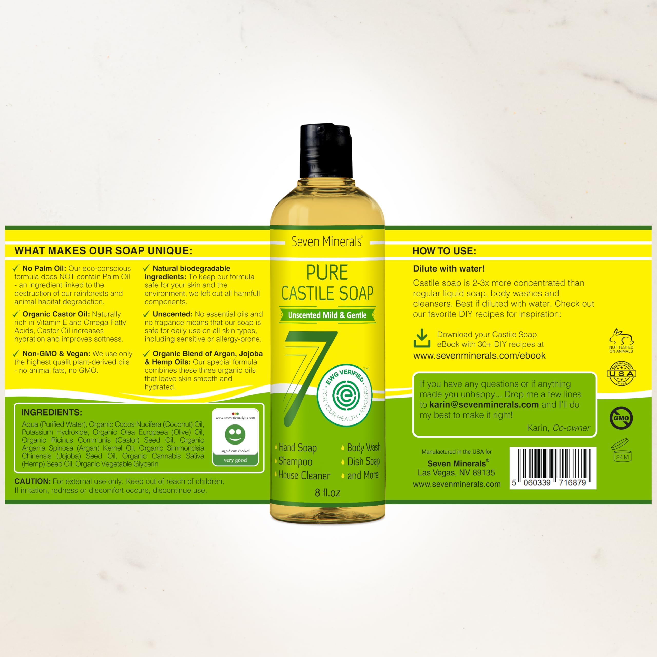 Seven Minerals Castile Soap, made in the USA, EWG Verified for purity and safety.