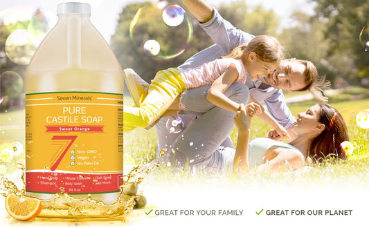 Seven Minerals Sweet Orange Castile Soap pour in hand for gentle cleansing.