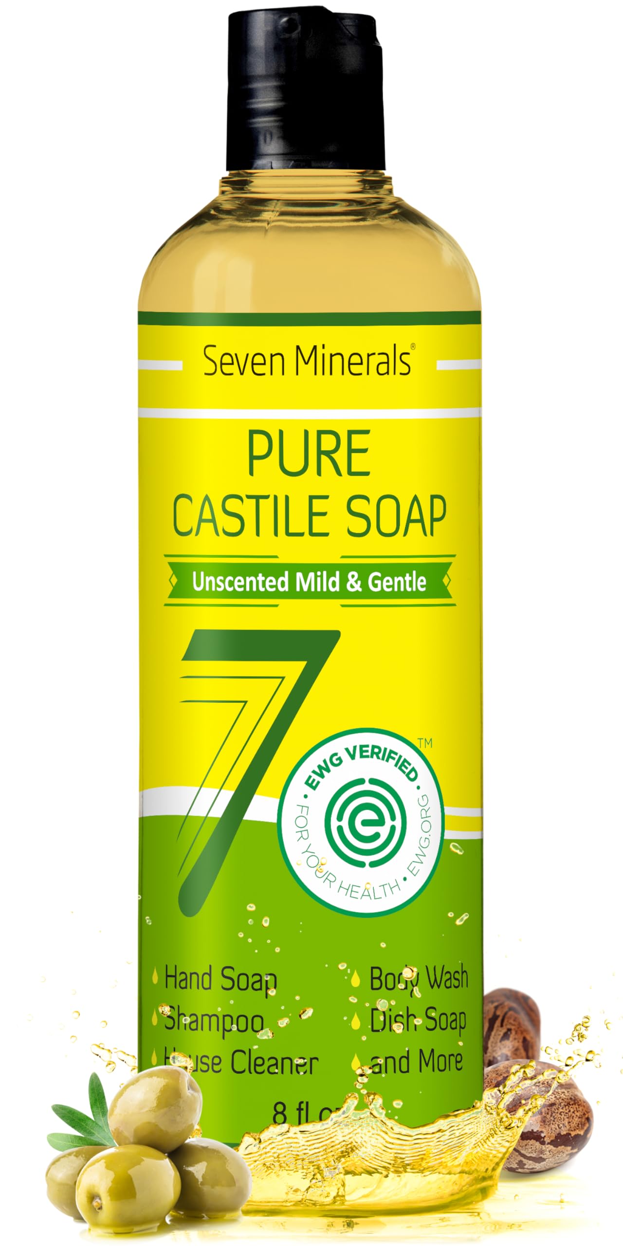 Seven Minerals Pure Castile Soap unscented bottle for sensitive skin and baby wash.