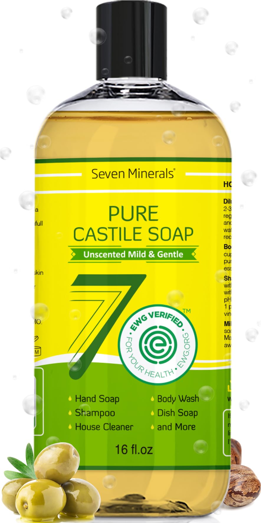 Seven Minerals Pure Castile Soap unscented bottle for gentle, skin-friendly cleansing.