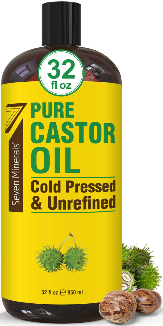 Seven Minerals pure castor oil bottle, a large 32 oz container for long-lasting use.