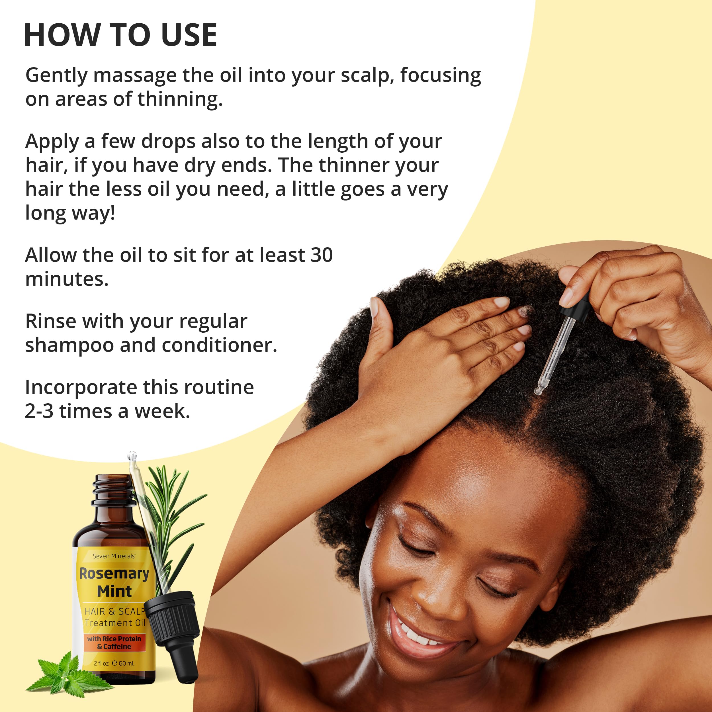 Applying Seven Minerals Rosemary Oil to the scalp for a daily routine