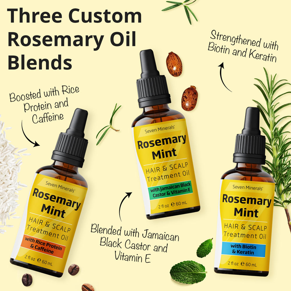 Seven Minerals Rosemary Oil packaging emphasizing clean, natural formula