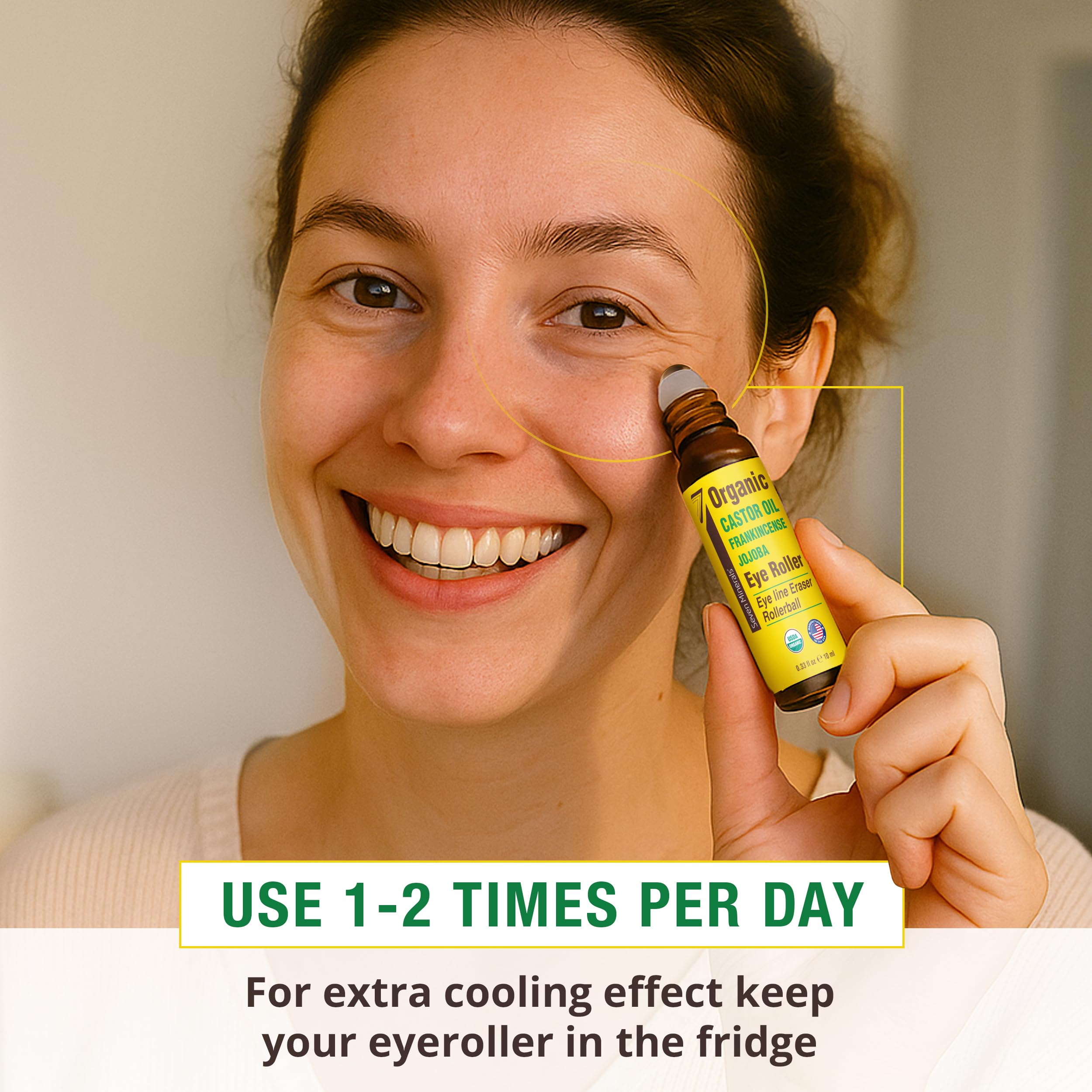 Seven Minerals castor oil roll-on nourishes the under-eye area