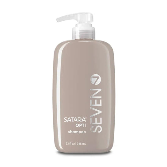 SEVEN SATARA OPTI Shampoo bottle closeup for healthier, fuller hair.