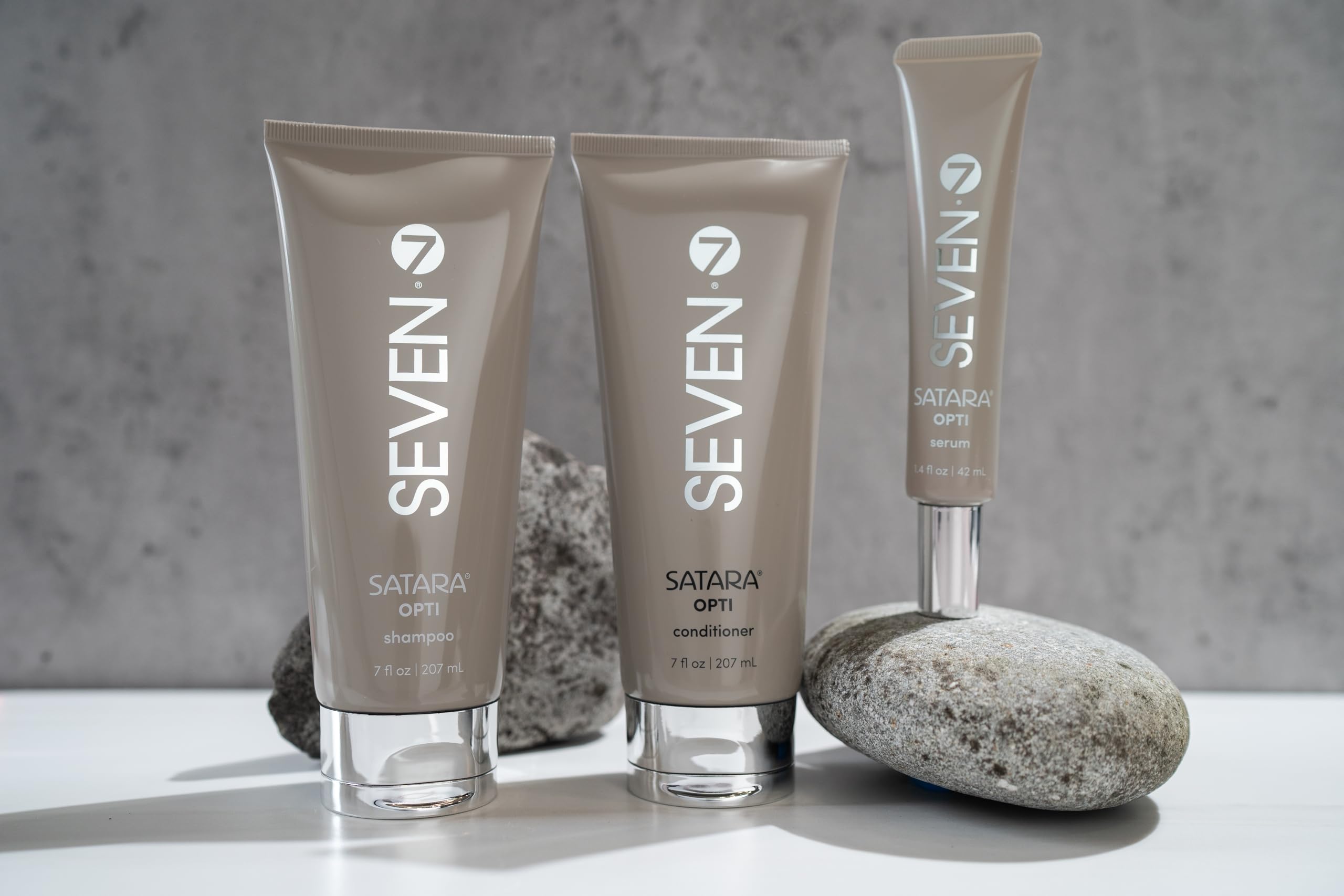 SEVEN SATARA OPTI Shampoo packaging highlighting plant-based formula.