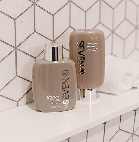 SEVEN Satara Volume Shampoo label displays vegan and cruelty-free status.