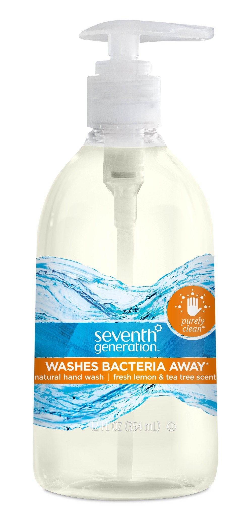 Seventh Generation hand wash bottle with lemon-tea-tree scent for gentle cleansing.