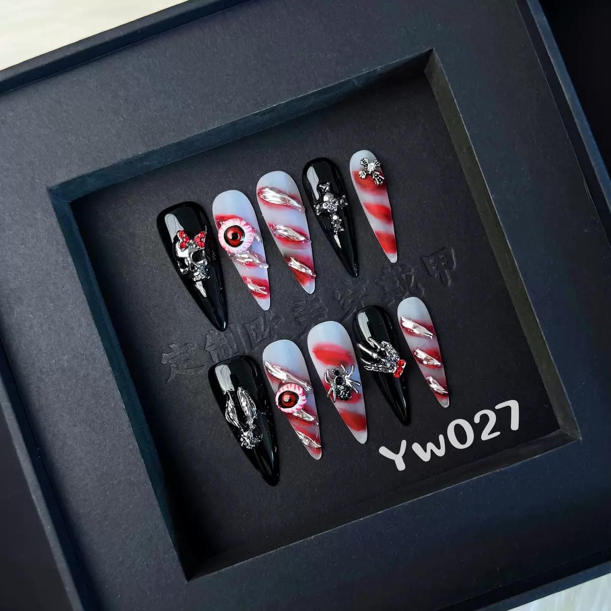 Sevgob 5D handmade nails with skeleton evil eye and spider charms