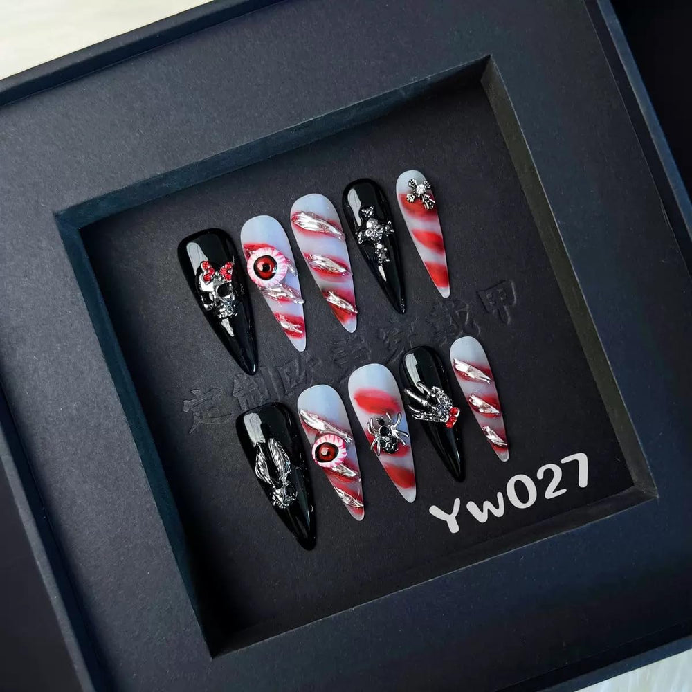 Sevgob 5D handmade nails with skeleton evil eye and spider charms