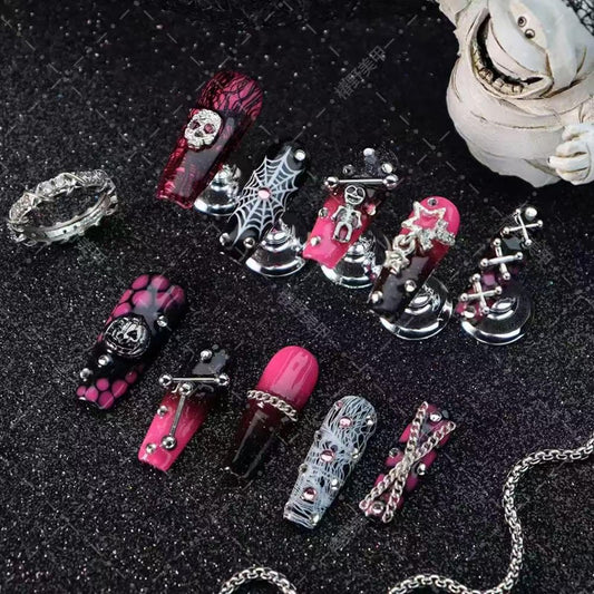 Sevgob Halloween coffin nails with skeleton pumpkin charms for bold festive nail art