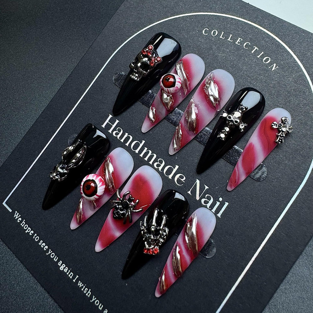 Sevgob Halloween nails in black long stiletto for daily wear