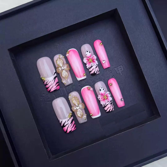 Sevgob pink flower embossed 5D nails for easy at home manicure