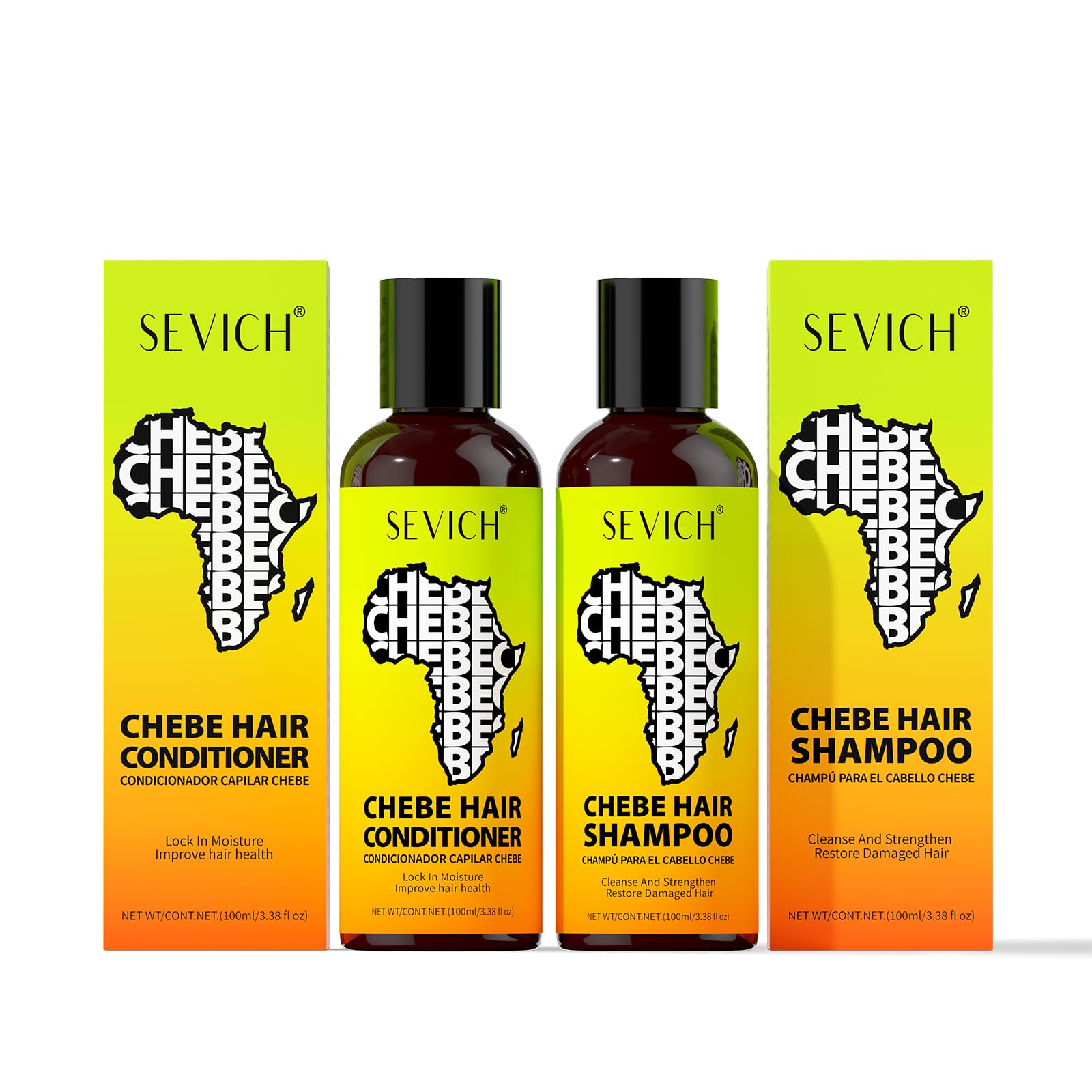 SEVICH Chebe shampoo bottle closeup for hydrated, manageable hair.