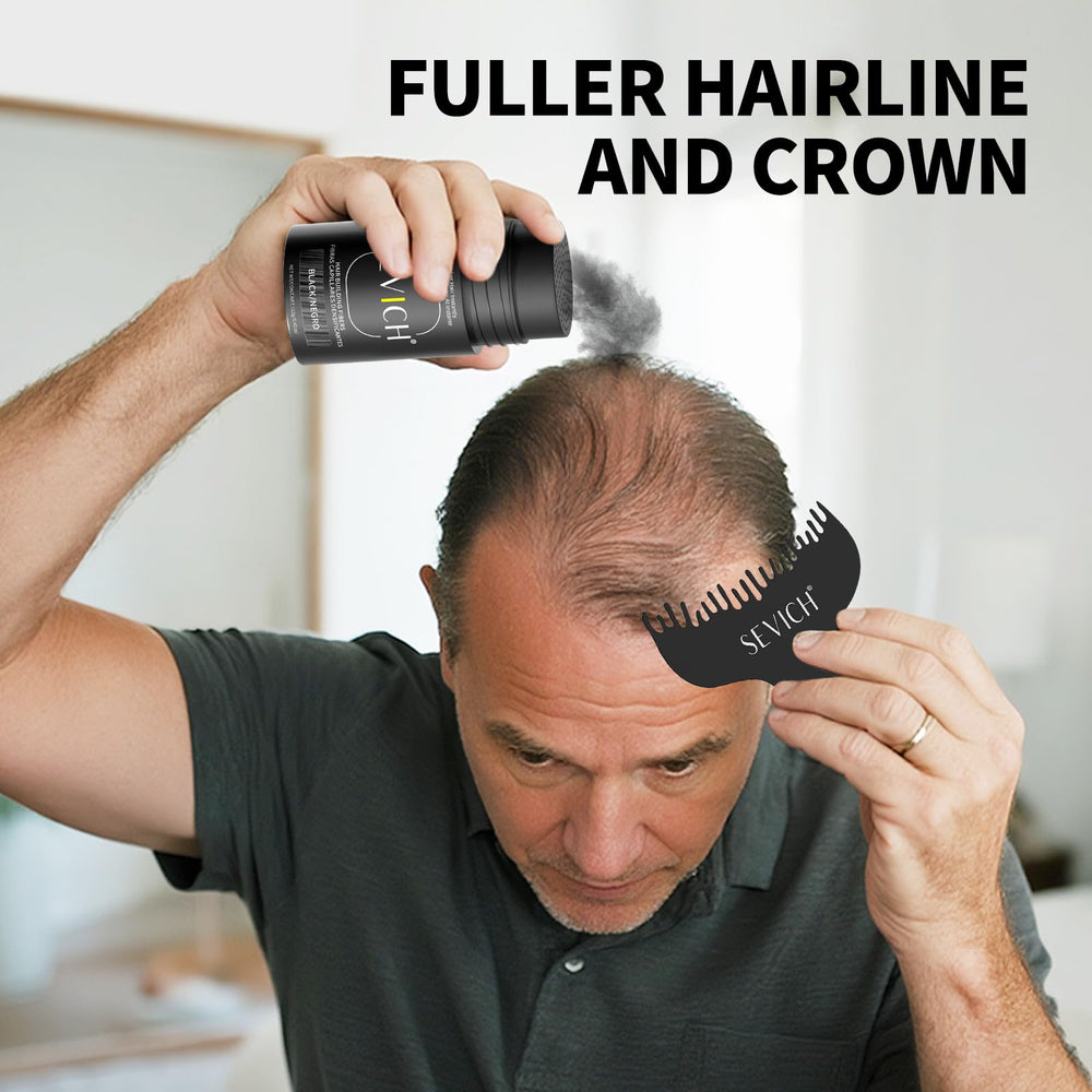 SEVICH Hair Fibers application closeup demonstrates precise coverage for thinning areas.