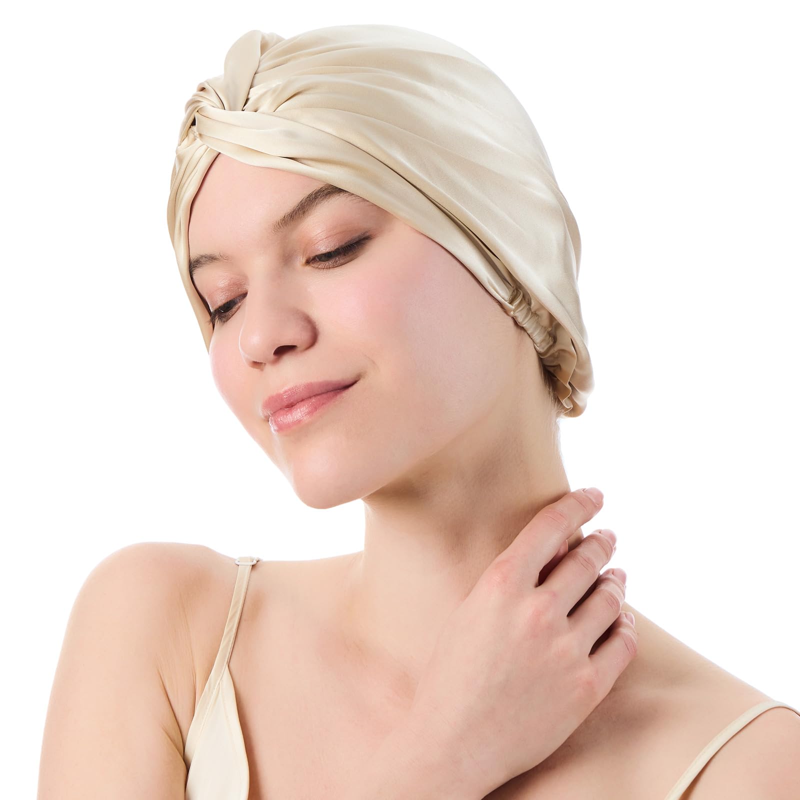 SGMSILK silk bonnet on model shows double-layer fabric for gentle hair care