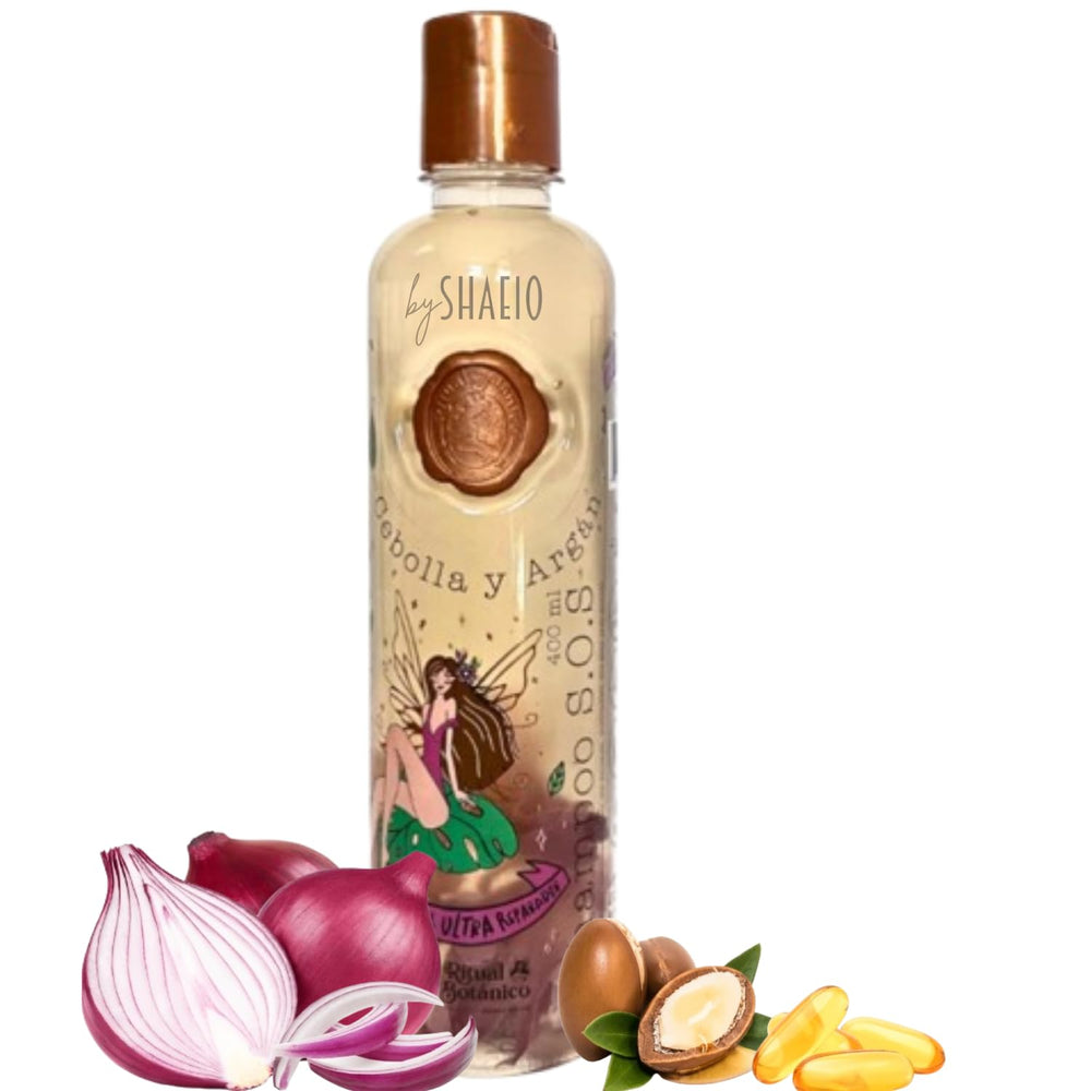 SHAEIO Ritual Botanico Onion Shampoo bottle close-up showing growth-support nourishment