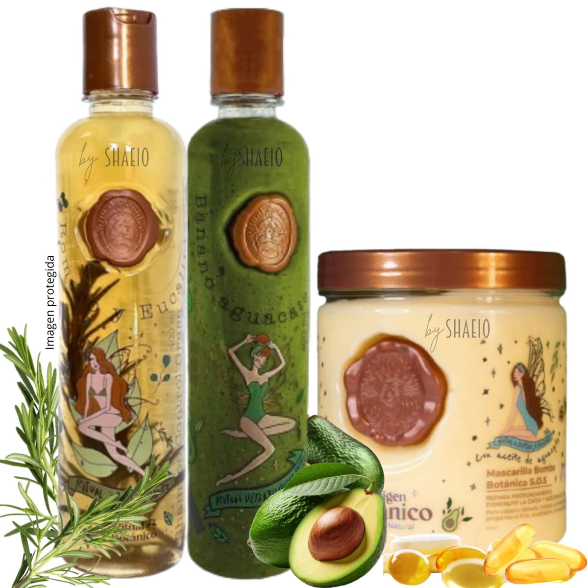 SHAEIO rosemary shampoo bottle stimulates growth and strengthens hair.