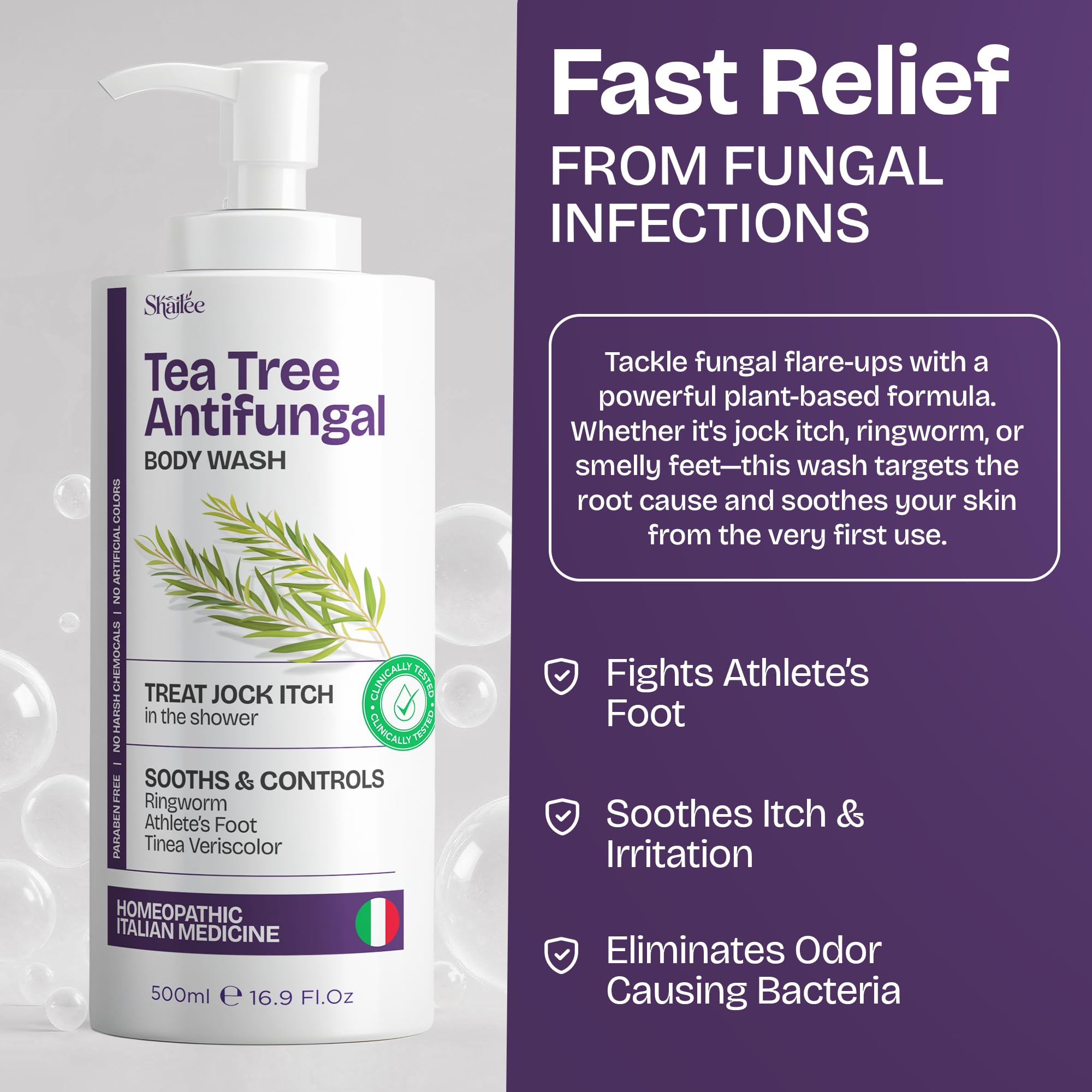Gentle formula of Shailee Tea Tree Body Wash for eczema and irritation.
