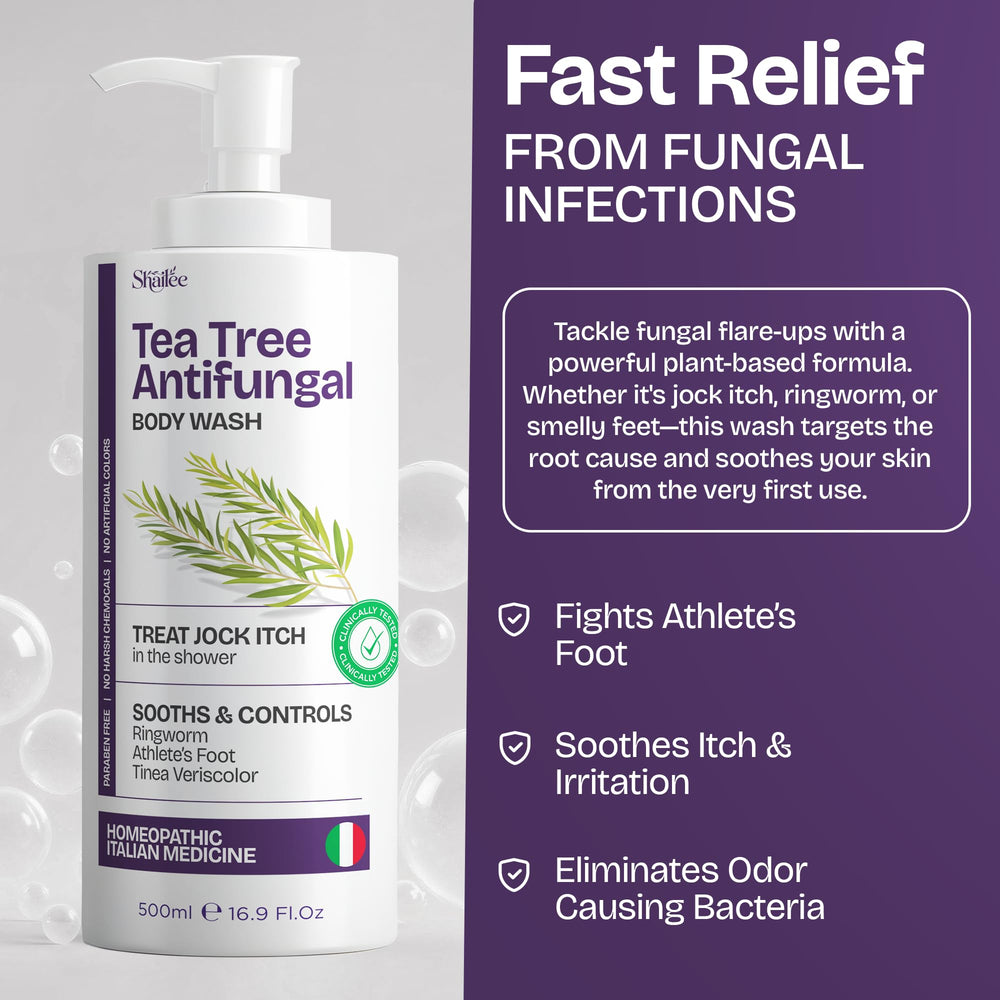 Gentle formula of Shailee Tea Tree Body Wash for eczema and irritation.