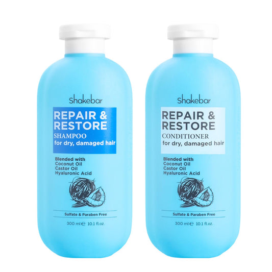 Shakebar Coconut Shampoo bottle highlights moisturizing oils for soft, manageable hair.