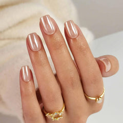 ShangMeng Nude Chrome press-on nails square close-up, natural gel finish for effortless at-home manicures.