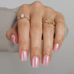 ShangMeng Pink Chrome press-on nails square closeup showing glossy finish for quick style