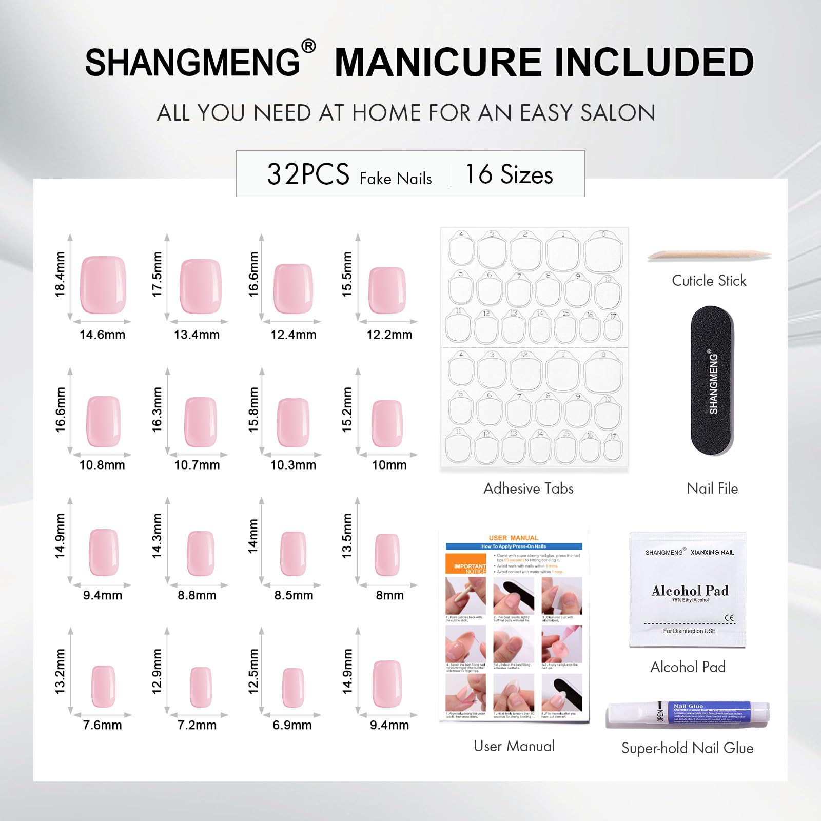 ShangMeng Pink Chrome press-on nails square contents include file and manicure guide