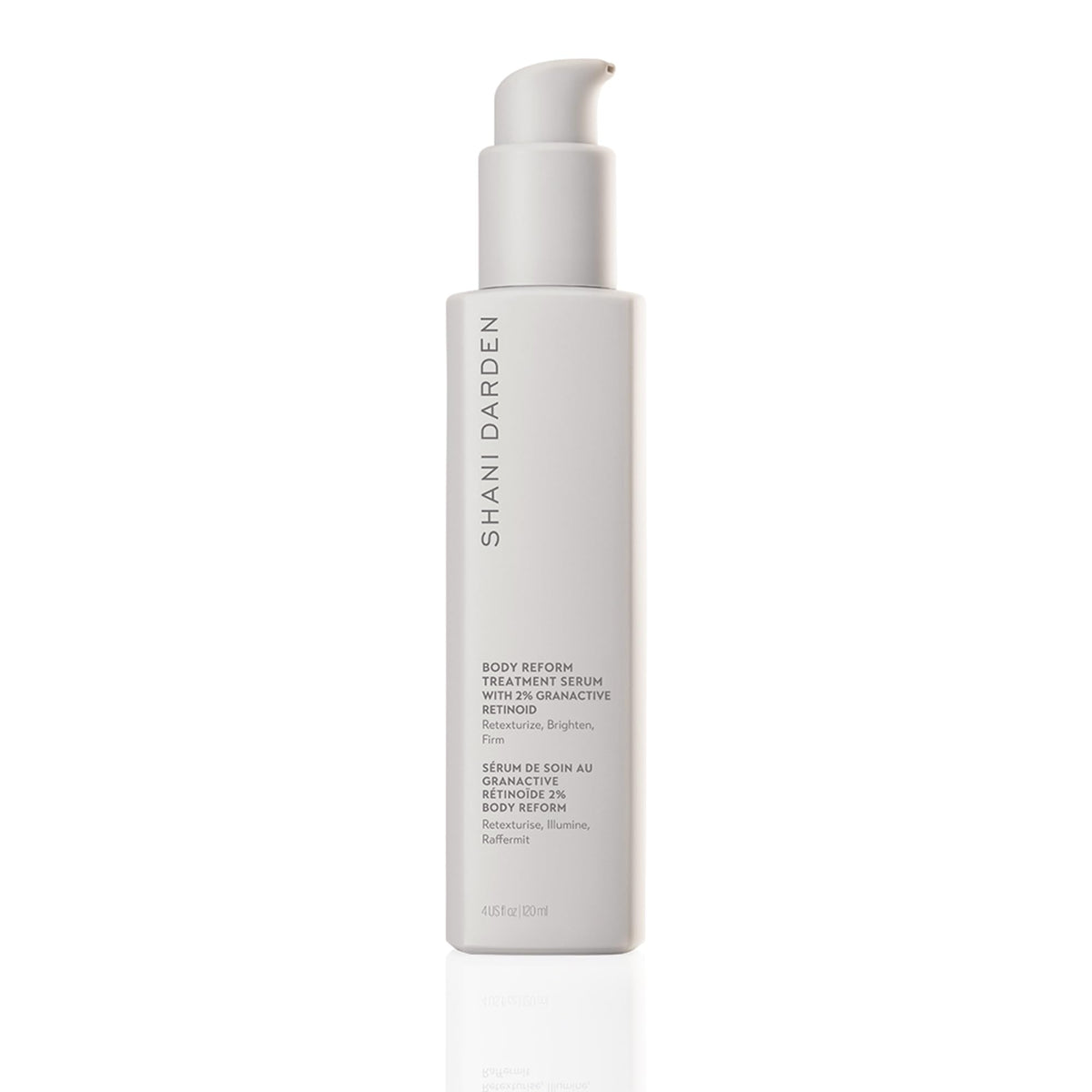 SHANI DARDEN Body Reform Serum bottle closeup highlighting Granactive Retinoid for firmer-looking skin.