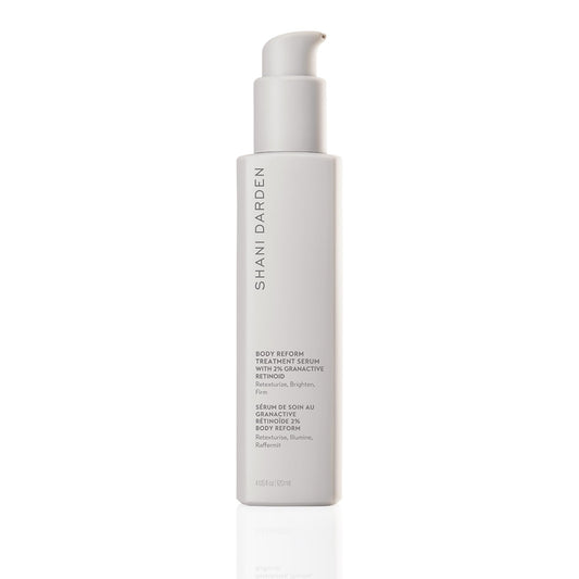 SHANI DARDEN Body Reform Serum bottle closeup highlighting Granactive Retinoid for firmer-looking skin.