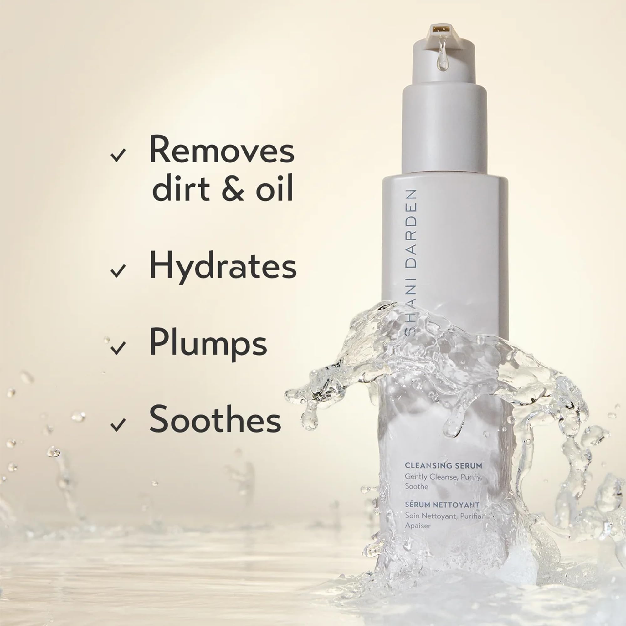 Shani Darden Cleansing Serum Face Wash gel texture closeup highlighting gentle hydration.