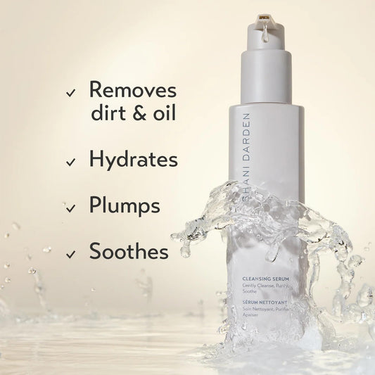 Shani Darden Cleansing Serum Face Wash gel texture closeup highlighting gentle hydration.