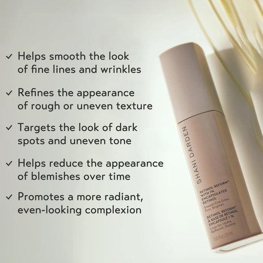 Close-up of SHANI DARDEN Retinol Reform label highlighting encapsulated retinol for gradual resurfacing