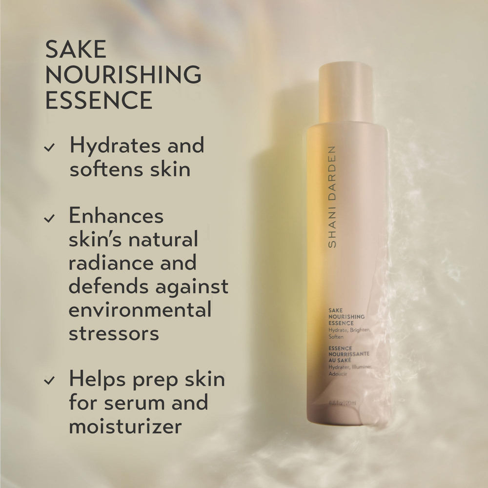 Shani Darden Sake Nourishing Essence on skin offers a subtle glow and softness