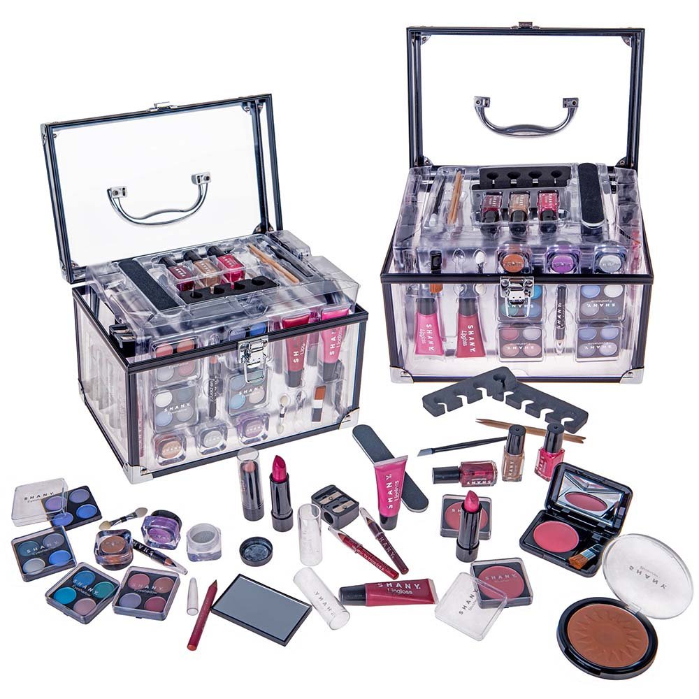 SHANY aluminum beauty organizer with mini palettes offers compact, reusable storage.