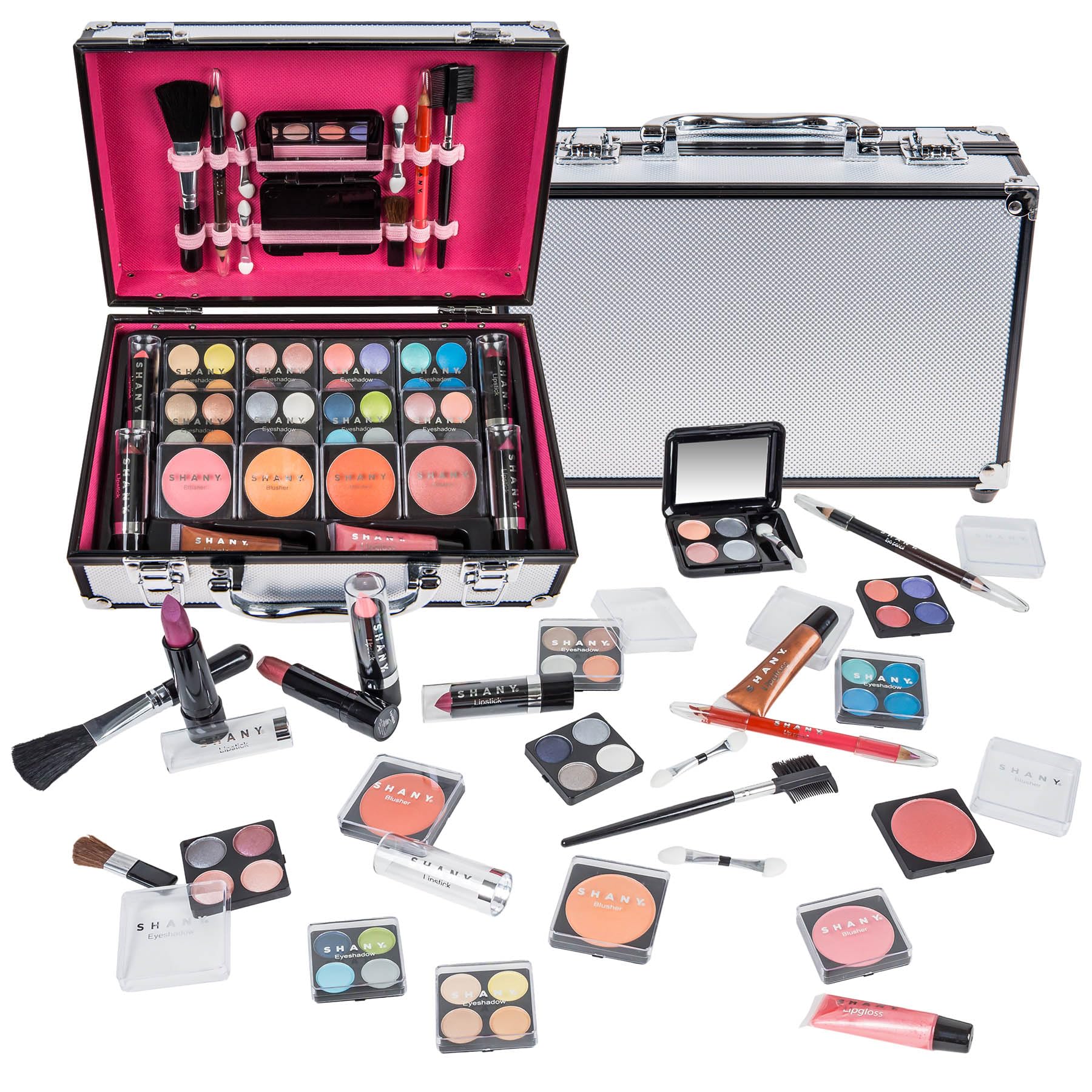 SHANY carry all makeup train case in silver, portable organizer for on-the-go beauty routines.