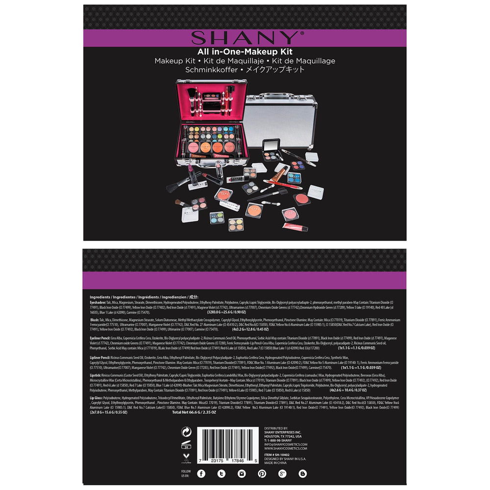 SHANY eight-shadow quads display shimmer and matte shades in a compact, travel-ready palette.
