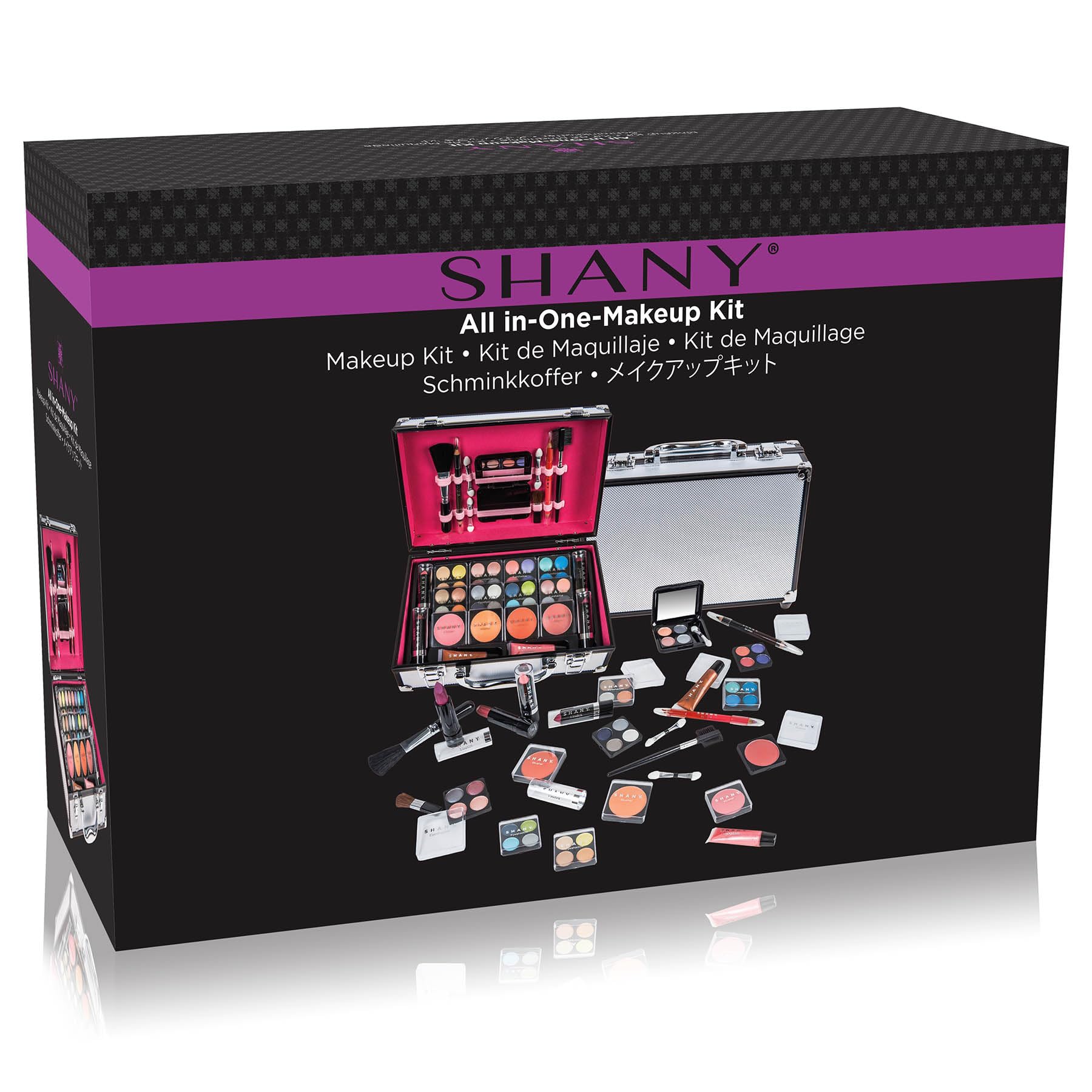 SHANY train case open with makeup showing quads and lip colors for easy access.