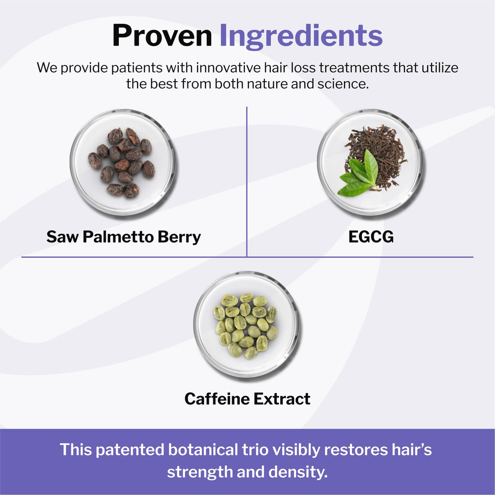 Shapiro MD ingredients label highlights green tea, saw palmetto, caffeine for scalp care.