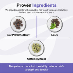 Shapiro MD ingredients label highlights green tea, saw palmetto, caffeine for scalp care.