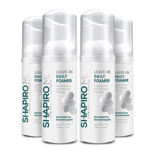 Shapiro MD Leave-In Foam bottle on shelf highlighting DHT-fighting formula for thinning hair.