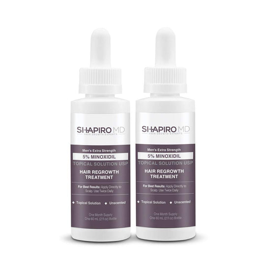 Shapiro MD Minoxidil bottle on a clean surface for scalp hair growth support.