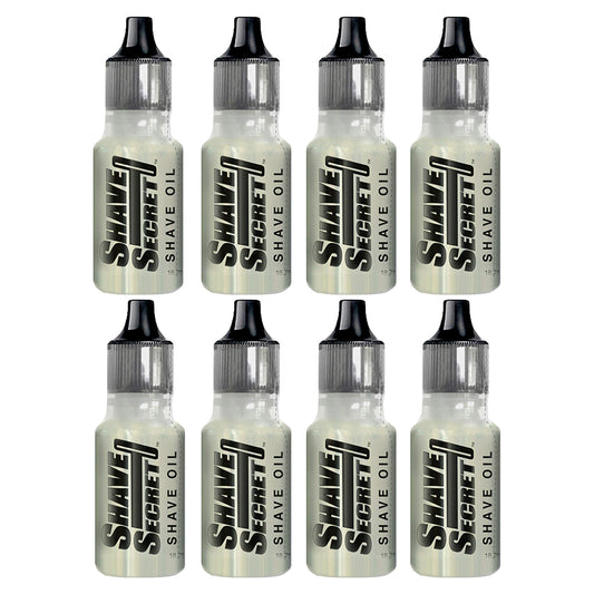 Shave Secret shaving oil bottle pouring for a smooth, irritation-free shave.