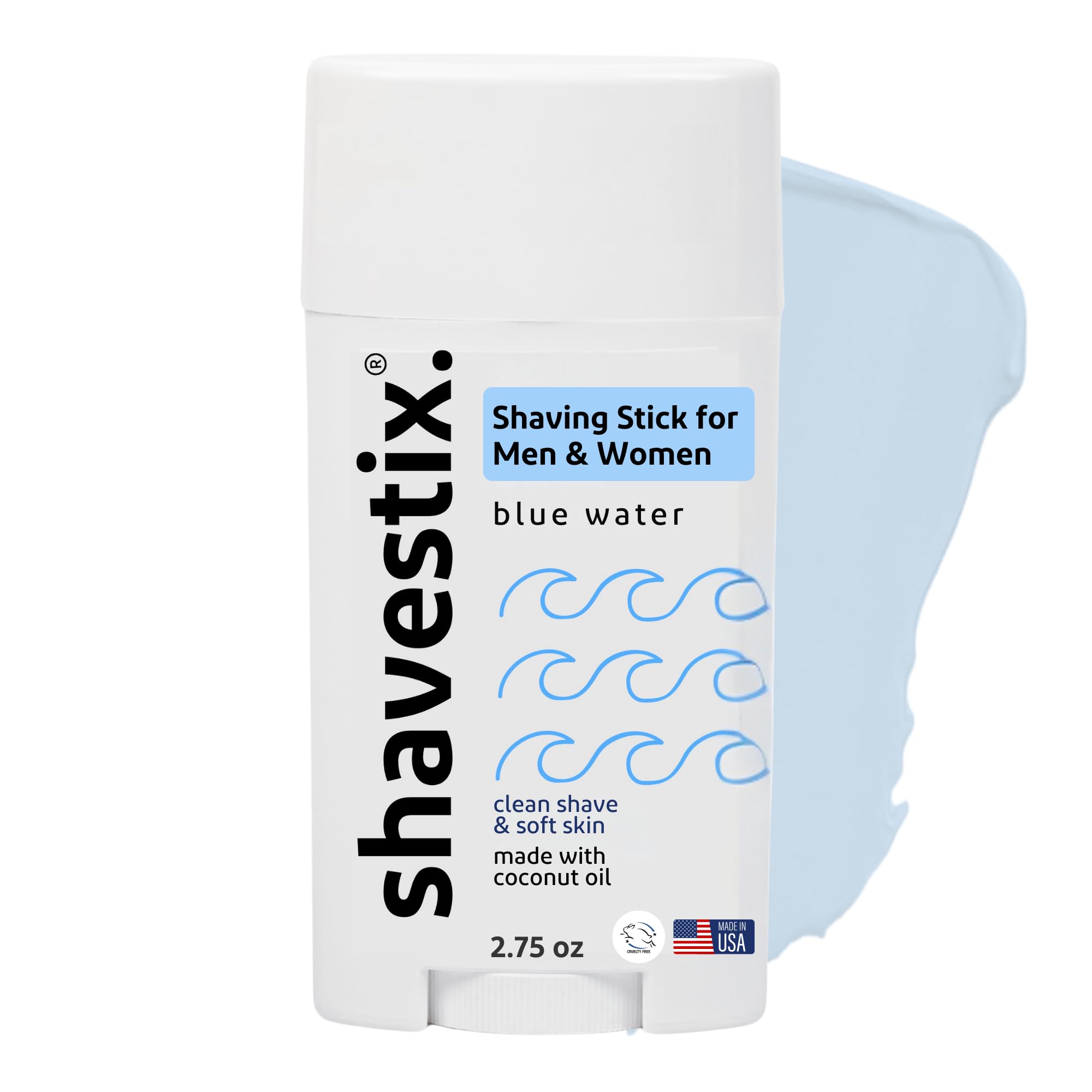 Shavestix travel shaving cream stick in blue water scent, ideal for portable grooming on trips.